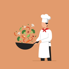 Chef tosses veggies in wok