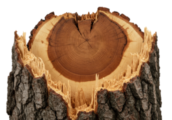 Macro, freshly split ancient oak tree trunk cross-section revealing intricate growth rings, umber heartwood, buff sapwood, wood dust on transparent background. Concept of natural history and organic