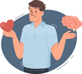 Man Holding Heart and Brain Symbols on Blue Background Demonstrating Balance and Choice