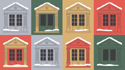 Obraz premium Eight colorful building facades with snow on the roof and doorstep in a grid pattern design