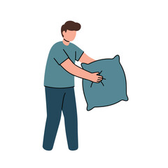 Man holding blue pillow