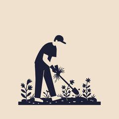 Person gardens, tending plants with shovel. Graphic illustration