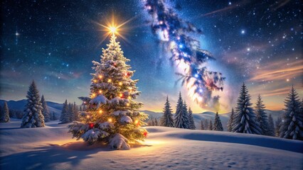 Magical Christmas tree glows in snowy landscape under starry night sky for holiday cheer
