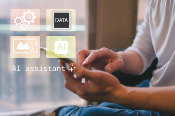Close-up of man using smartphone with AI assistant icons, data processing, and digital technology overlay, symbolizing artificial intelligence, innovation, automation, and smart mobile solutions.