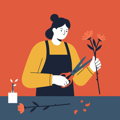 Florist arranging flower bouquet with scissors on a counter