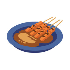 Skewered meat, satay, on a blue plate with brown sauce