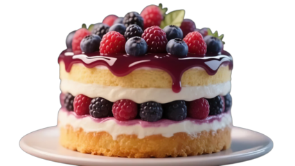 Fresh fruit cake with cream and berries on a plate, a sweet dessert