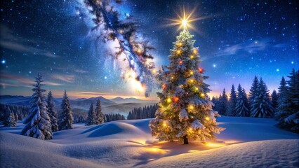 Magical Christmas tree glows in snowy landscape under starry night sky for holiday cheer
