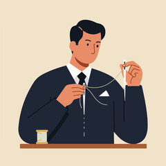 Man in a suit threads a needle, spool of thread on table