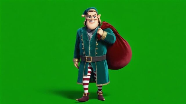 Cartoon elf with a red sack standing on a green screen ready for christmas delivery season animation christmas elves green screen video