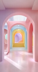 A vibrant hallway with arched doorways, painted in a spectrum of pastel colors, creating a cheerful and optimistic atmosphere.