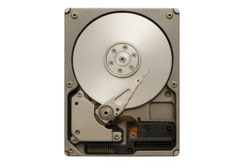 Hard drive open, showing data storage hardware technology