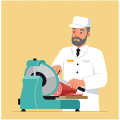 Butcher slices meat with a teal slicer