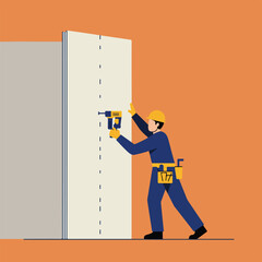 Minimalist construction worker drills into plasterboard wall on orange backdrop