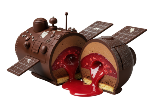 Photorealistic extreme close-up of luxurious chocolate spacecraft sculpture, half-cut, revealing vibrant raspberry ganache oozing from fudgy mousse and biscuit base on transparent, concept of gourmet