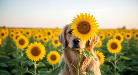 Golden Retriever with Sunflower in Field.