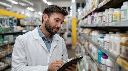 Man in lab coat checking product labels with clipboard in a bright supermarket aisle