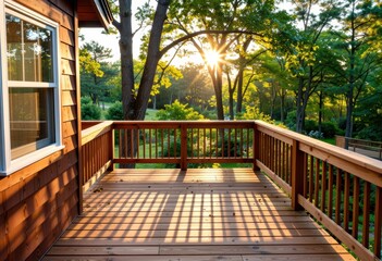 Obraz premium Nature conservation facility with a wooden deck and sunlight filtering through trees
