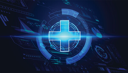 Futuristic medical cross with glowing digital interface, perfect for healthcare technology, hospital innovation, telemedicine, and modern medical design projects.