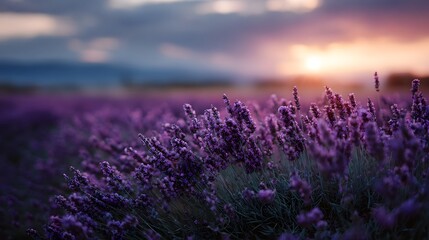 Obraz premium Vast purple lavender field at sunset with warm golden light illuminating the blooms and dramatic sky