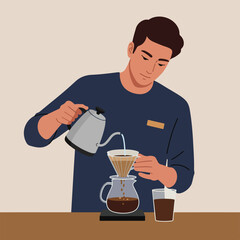 Man carefully pours water into a pour-over coffee dripper