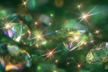 Fototapeta premium Glistening gemstones sparkling in brilliant light, showcasing mystical green backdrop for enchanting ambiance and depth in macro photography. Perfect for luxury and jewelry themes