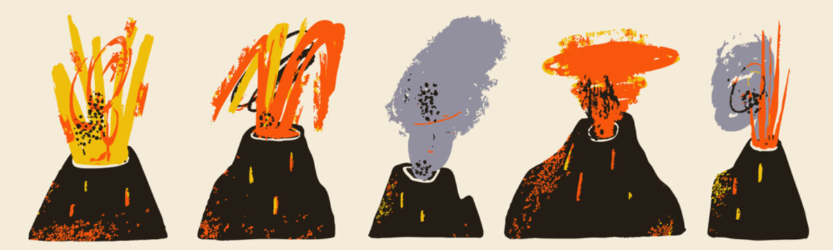 Various Volcano set. Volcano eruption, smoke, ash, lava, magma splash. Abstract cartoon trendy style. Hand drawn modern Vector illustration. Isolated design elements. Seismic activity, geology concept