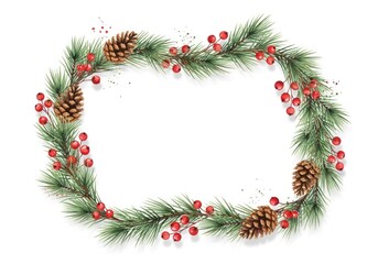 Watercolor Christmas Evergreen Frame with Pinecones and Red Berries on White Background