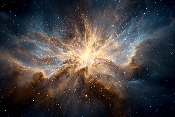 Cosmic explosion with vibrant stars and colorful gas clouds, showcasing a symphony of blue and gold hues, evokes wonder and contemplation of the vastness of the universe