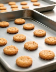 Freshly baked cookies arranged on a baking tray, perfect for dessert