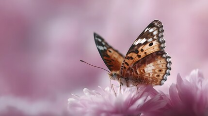 Obraz premium A delicate butterfly with intricate orange and brown wings rests on a soft pink flower petal in a ro view
