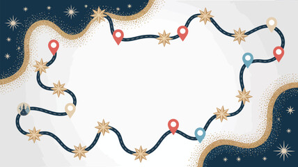 A winding road map with stars and location pins against a starry background with golden accents