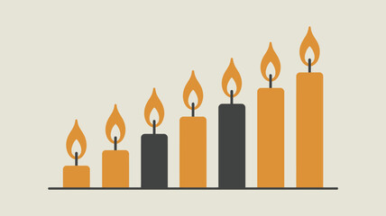 A row of seven candles with flames, alternating between orange and black, increasing in height evenly