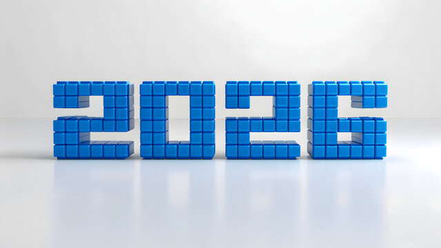 Title: 2026 new year number made of blue 3d blocks
