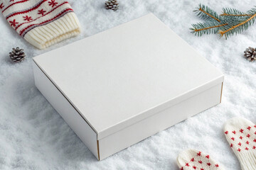 White Square Gift Box Mockup on Snowy Winter Background