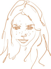 Line Art Portrait of a Young Woman With Freckles and Flowing Hair on Black Background