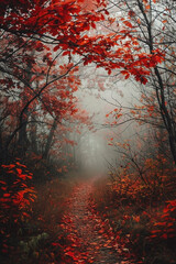 Crimson Canopy: A Misty Forest Path Adorned with Autumnal Foliage Beauty