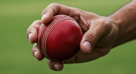 Close-up of a skilled hand gripping a classic red cricket ball, ready to deliver a powerful pitch on a vibrant green field, capturing the intense anticipation of the game.