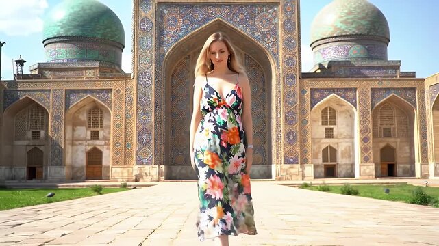Blonde Woman Walking on Stone Path with Bibi Khanym Mosque in Uzbekistan A Fair Skinned Woman in Floral Dress with Historic Islamic Architecture at Eye Level Perspective