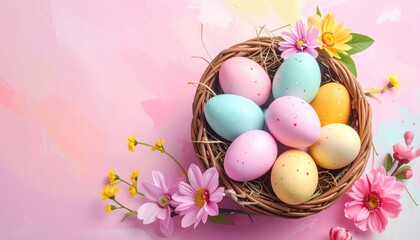 Obraz premium Colorful Easter eggs in a basket with spring flowers, pastel background