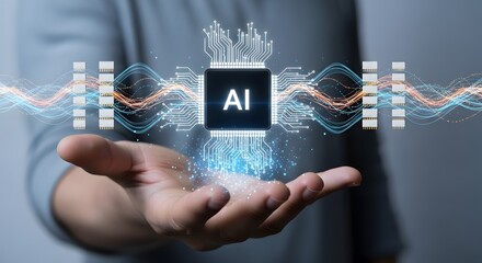 Futuristic AI chip glowing with data streams held in an open palm, symbolizing technological innovation and digital transformation
