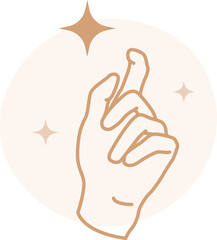 Delicate Hand Gesture with Index Finger Pointing Upward Inside Beige Circle Surrounded by Shimmering Starbursts on Transparent Background