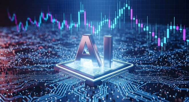 Dynamic AI technology powers futuristic financial trading with glowing circuit board and stock market charts signaling innovation and growth