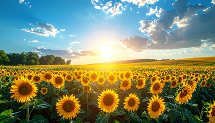 Field of sunflowers under blue sky, vibrant summer landscape, photorealistic