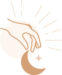 Hand Reaching For Crescent Moon Illustration With Soft Pastel Colors and Starburst Against Transparent Background