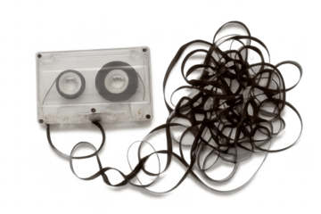 Cassette tape with tangled magnetic tape creating chaos