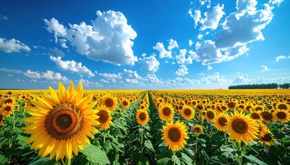 Obraz premium Field of sunflowers under blue sky, vibrant summer landscape, photorealistic