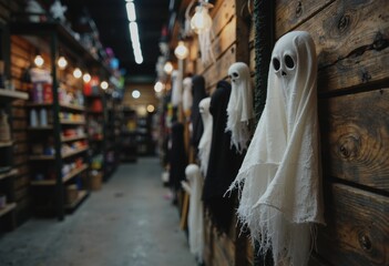 Halloween decoration store filled with spooky seasonal items and ghostly figures