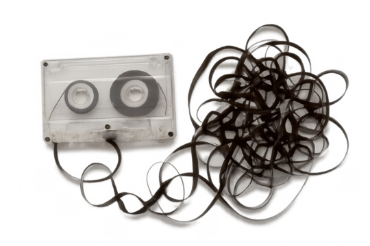 Cassette tape with tangled magnetic tape creating chaos