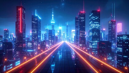 Futuristic cyberpunk city with glowing skyscrapers at night, neon lights, cinematic